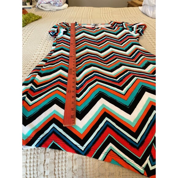 Bobbie Brooks Chevron Dress Size 1X Turquoise Orange Stretchy Flare Hemline - Picture 11 of 12